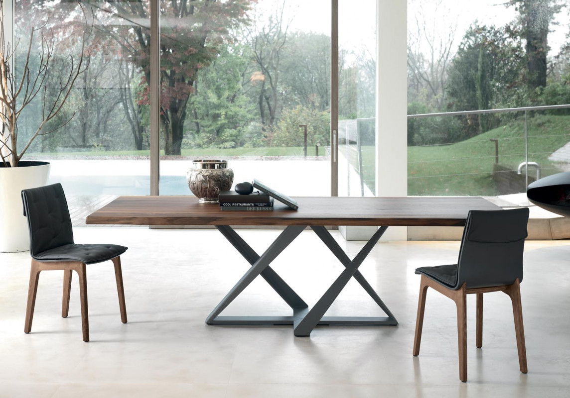 rectangular fixed table with metal frame millennium top in solid wood